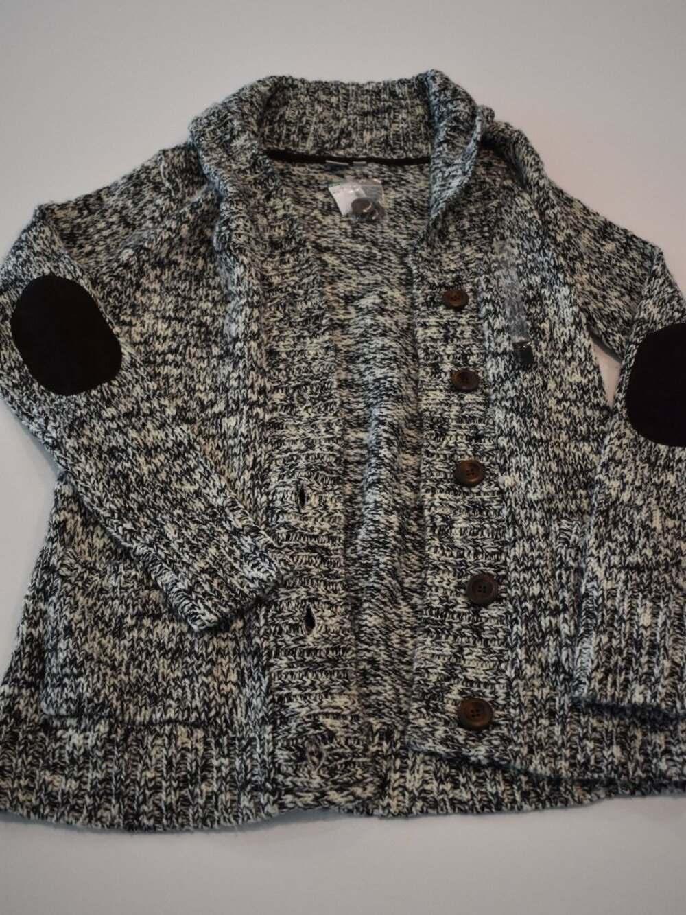 New Twik Simons Black White Marled Chunky Knit Cardigan Elbow Patches Medium